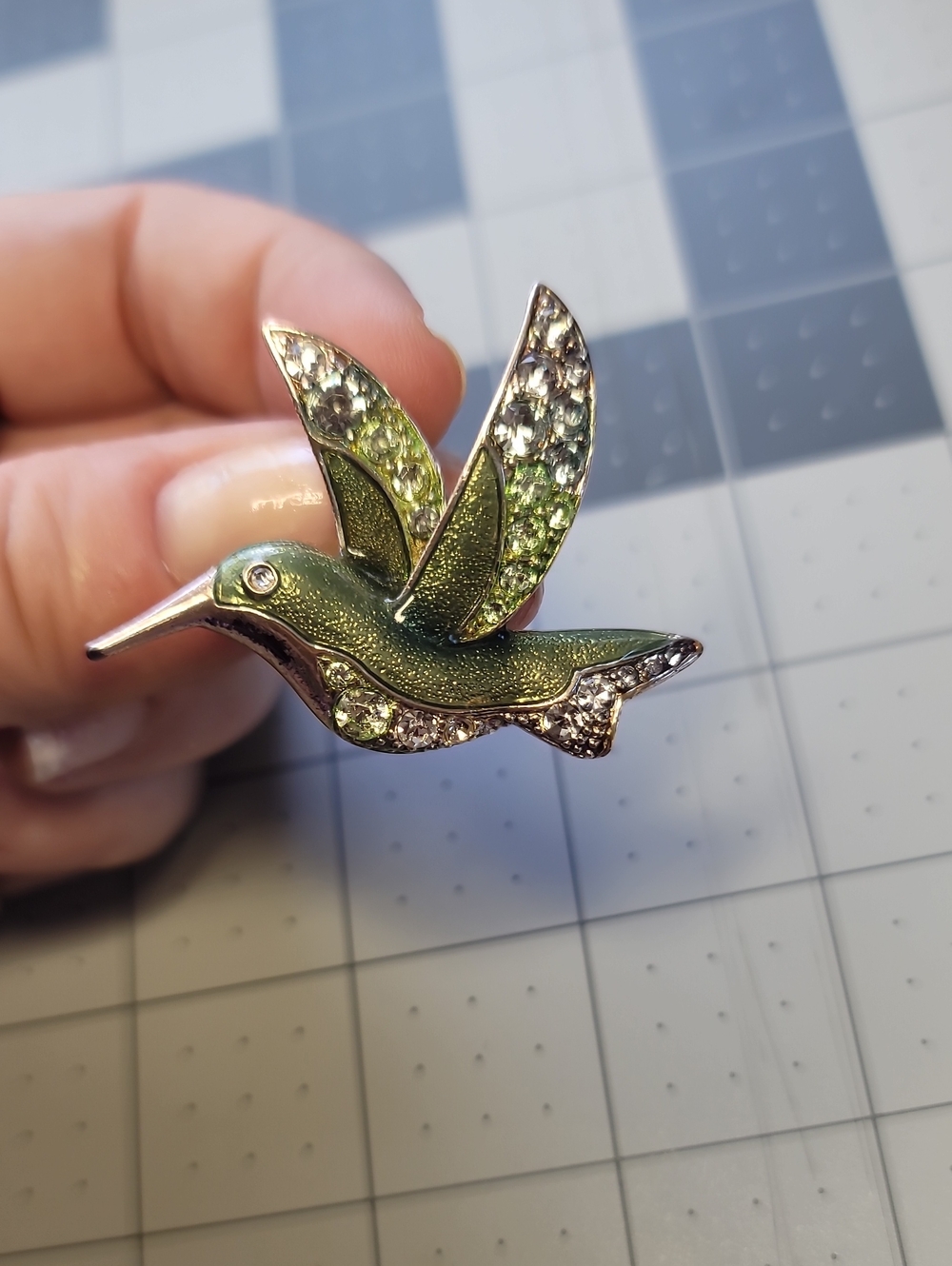 Vintage Liz Claiborne Green Crystal Hummingbird Brooch